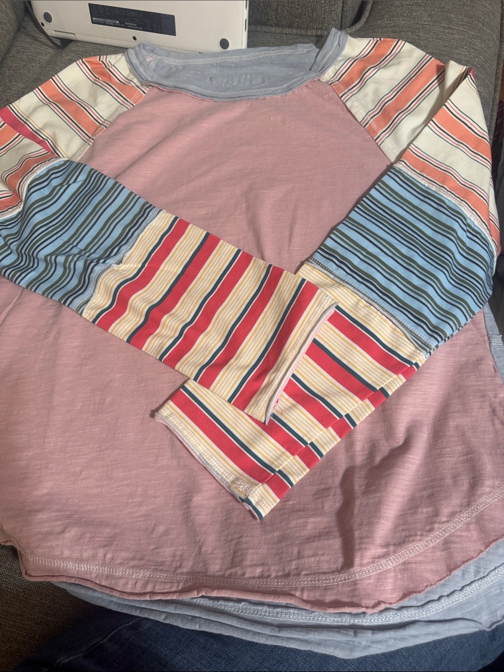 SHEIN Pink Raglan Long-Sleeve Tee with Multicolor Stripes